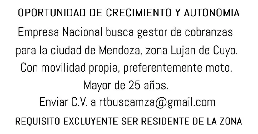 Anuncio cobrador Lujan de Cuyo